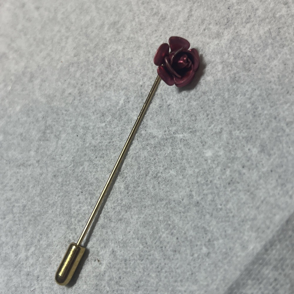 Vintage Stick Pin Red Rose Flower Gold Tone Lapel Hat Brooch Estate Jewelry 2.5"